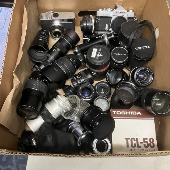 Box lot Assorted Cameras, Lenses Etc