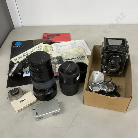 Minolta Photography Items - AF 100-300 Zoom xi & AF 70-210 Lens, Minolta 16 Spy Camera, Minolta Autocord Parts Etc
