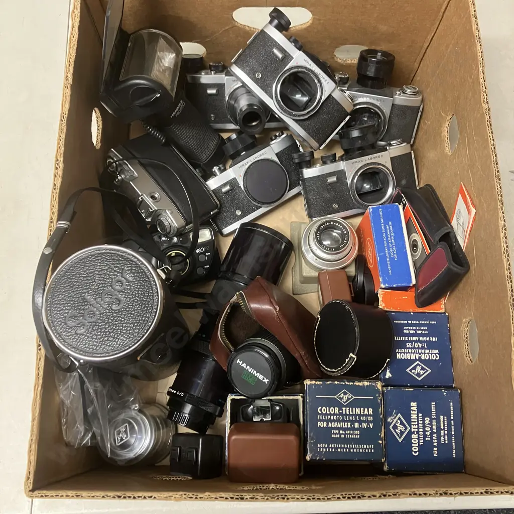 Box Lot Cameras, Lenses, Mirax Laborec Camera Bodies Etc Image 1++