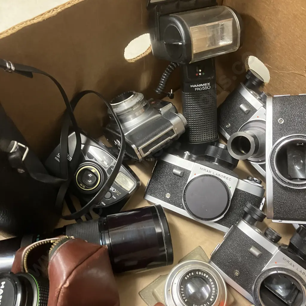 Box Lot Cameras, Lenses, Mirax Laborec Camera Bodies Etc Image 1++