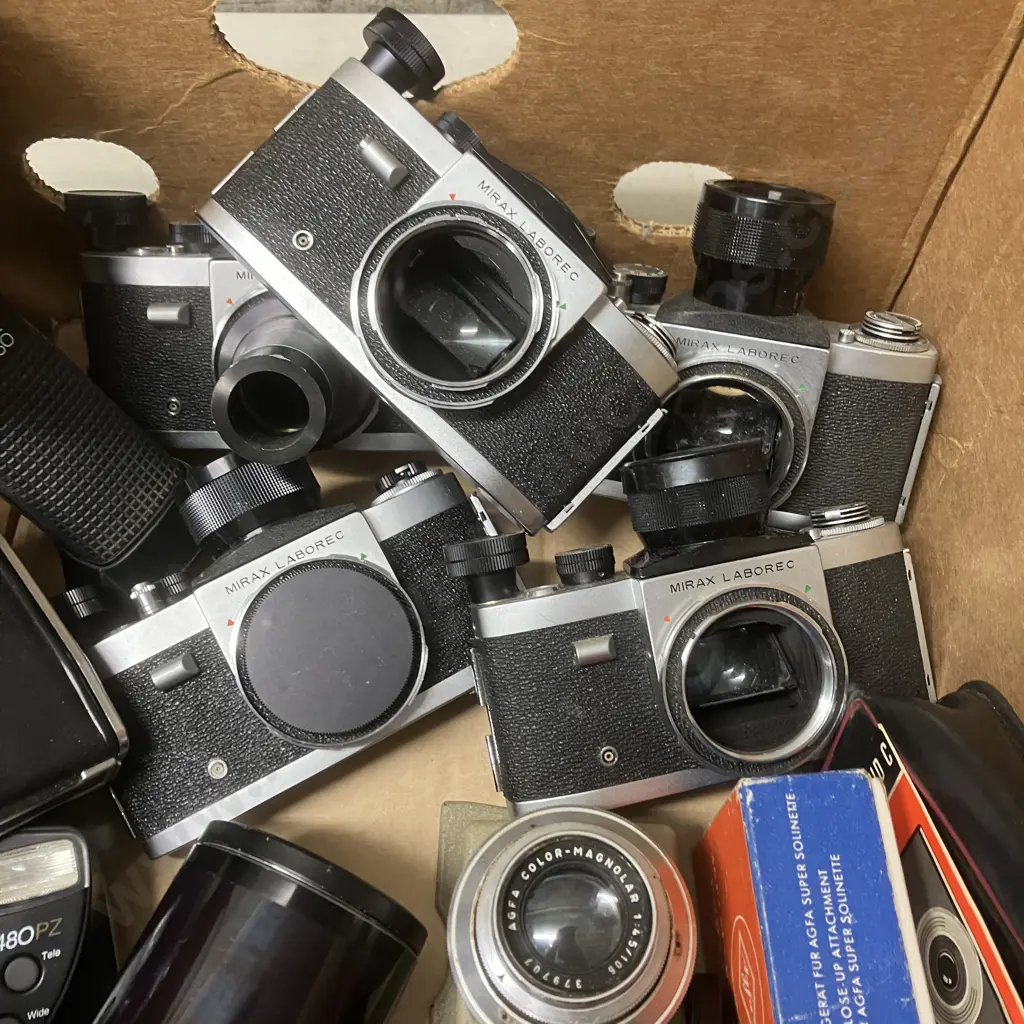 Box Lot Cameras, Lenses, Mirax Laborec Camera Bodies Etc Image 1++