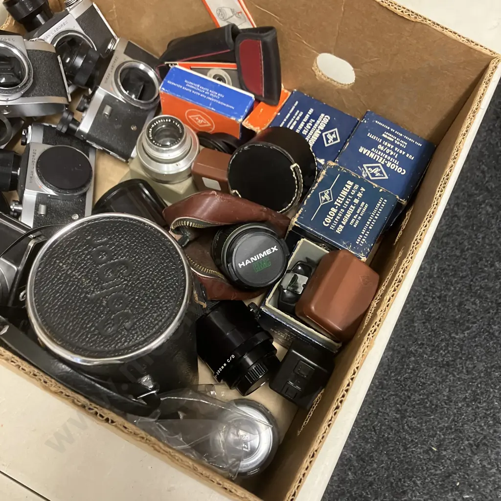 Box Lot Cameras, Lenses, Mirax Laborec Camera Bodies Etc Image 1++