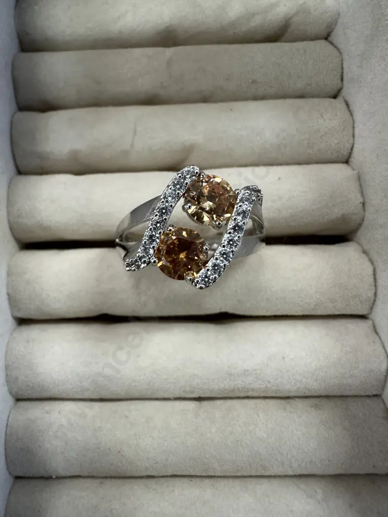 Large Stamped 925 Ring With Amber Coloured & Clear Stones Image 1++