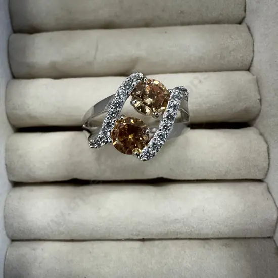Large Stamped 925 Ring With Amber Coloured & Clear Stones