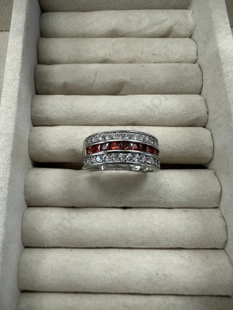 Large Stamped 925 Ring With Red & Clear Stone Image 1++