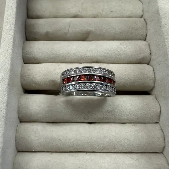 Large Stamped 925 Ring With Red & Clear Stone