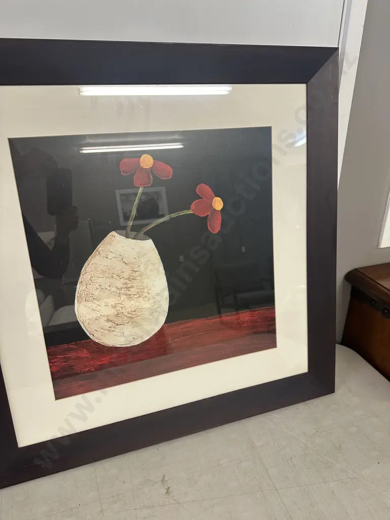 Pair Of Modern Wooden Framed Artwork Yifofeu Flowers In Vase 77x77cm.  Image 1++