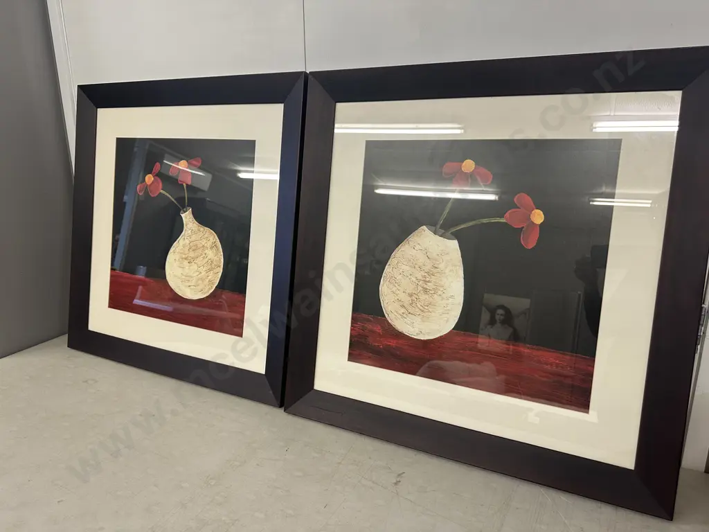 Pair Of Modern Wooden Framed Artwork Yifofeu Flowers In Vase 77x77cm.  Image 1++