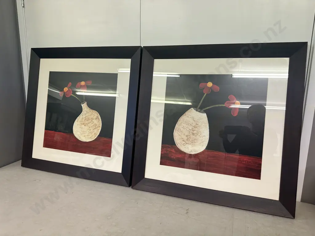 Pair Of Modern Wooden Framed Artwork Yifofeu Flowers In Vase 77x77cm.  Image 1++