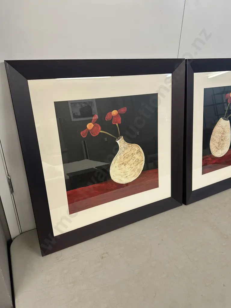 Pair Of Modern Wooden Framed Artwork Yifofeu Flowers In Vase 77x77cm.  Image 1++