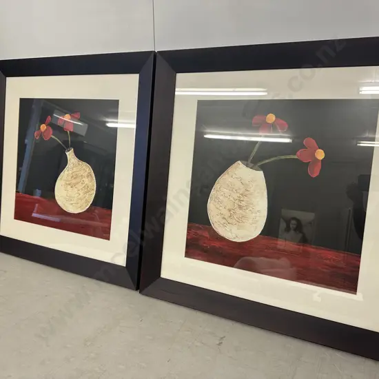 Pair Of Modern Wooden Framed Artwork Yifofeu Flowers In Vase 77x77cm. 