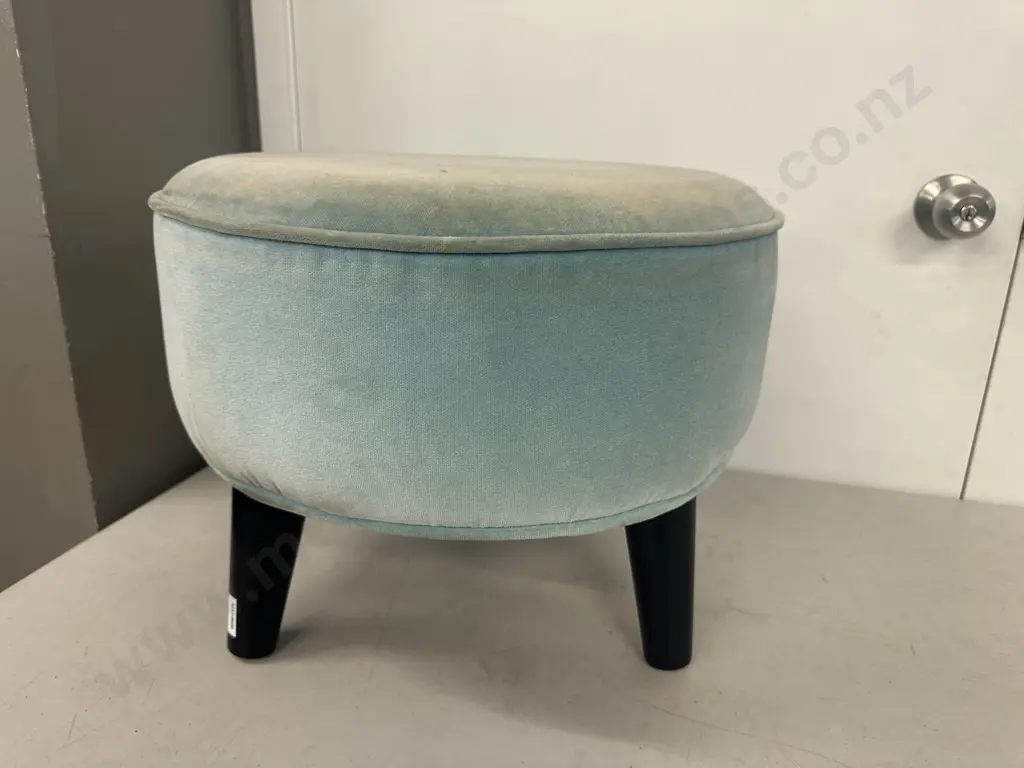 Blue Draylon Round Footstool With Black Legs. 35 x 43cm Image 1++