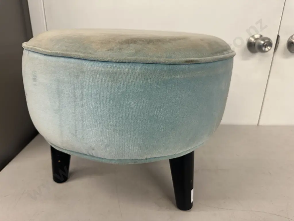 Blue Draylon Round Footstool With Black Legs. 35 x 43cm Image 1++