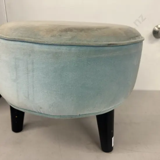 Blue Draylon Round Footstool With Black Legs. 35 x 43cm
