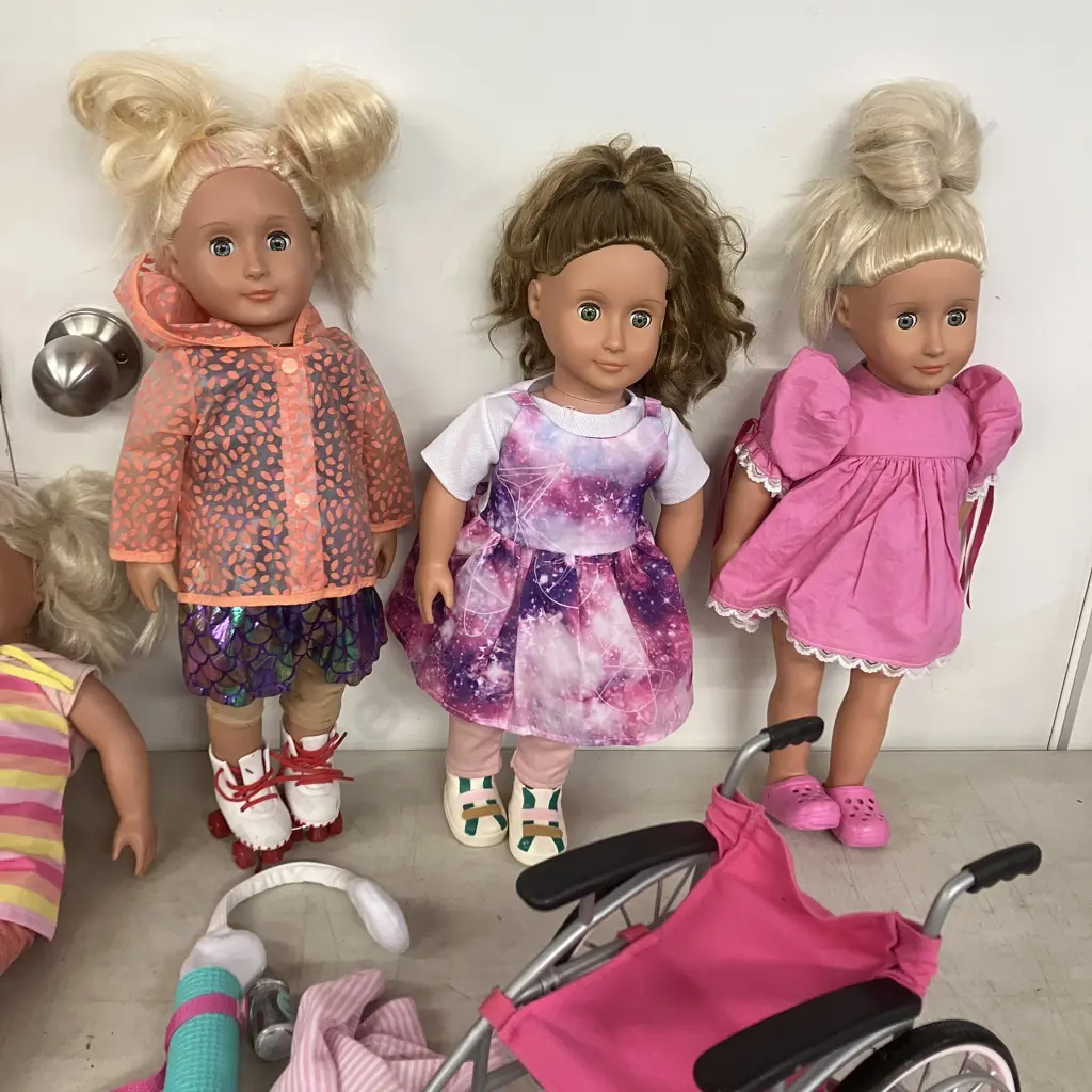 Six Our Generation Dolls, Poseable 20" Horse, Salon Chair, Clothes & Accessories, Wheelchair Image 1++