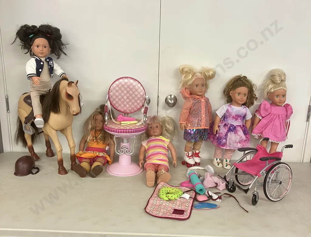 Six Our Generation Dolls, Poseable 20" Horse, Salon Chair, Clothes & Accessories, Wheelchair Image 1++