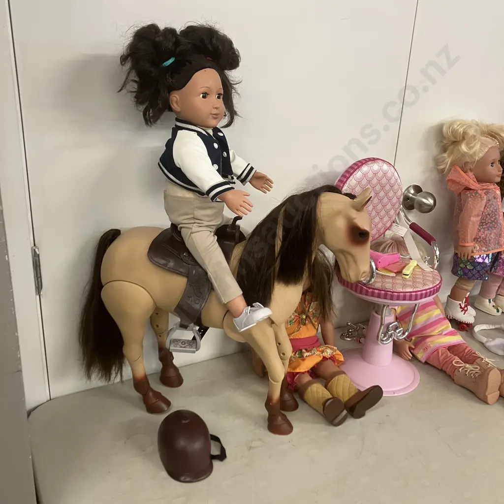 Six Our Generation Dolls, Poseable 20" Horse, Salon Chair, Clothes & Accessories, Wheelchair Image 1++