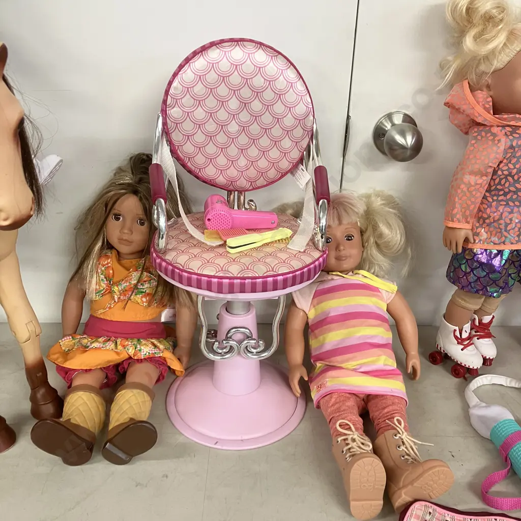 Six Our Generation Dolls, Poseable 20" Horse, Salon Chair, Clothes & Accessories, Wheelchair Image 1++