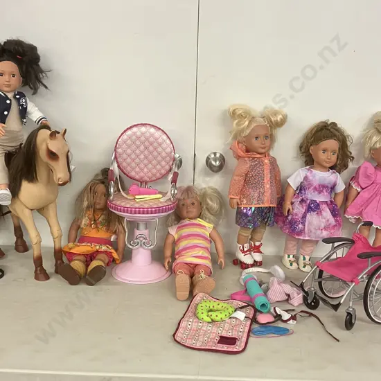 Six Our Generation Dolls, Poseable 20" Horse, Salon Chair, Clothes & Accessories, Wheelchair