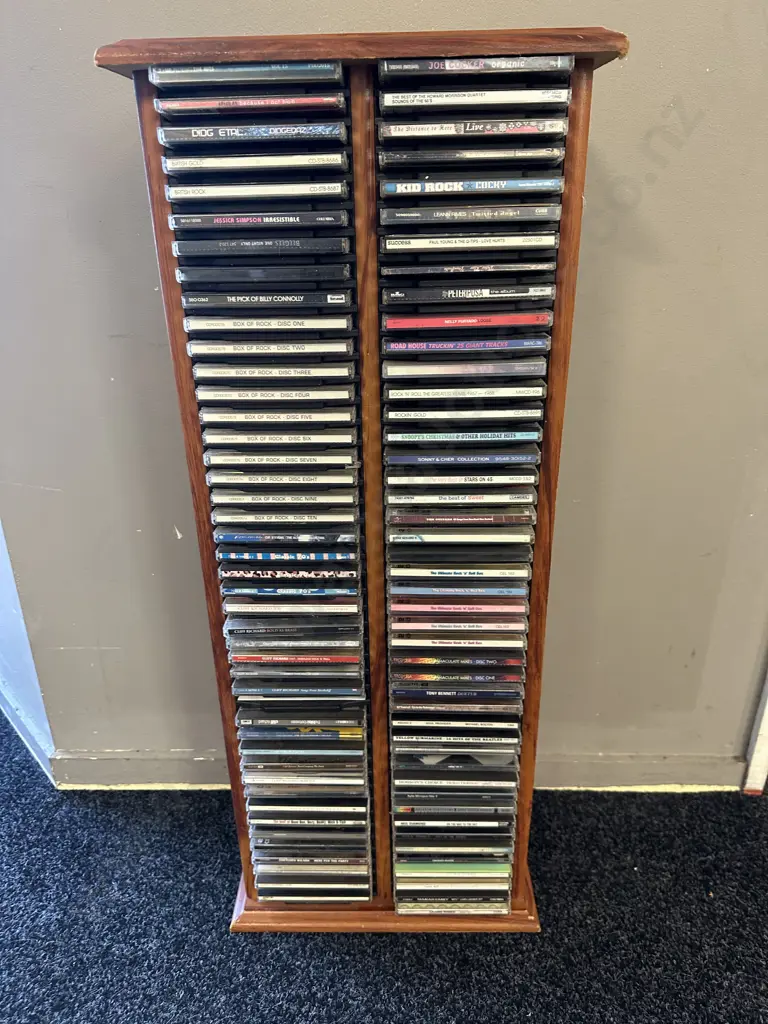 Wooden CD Rack With Assorted CDs Including Jessica Simpson, Box Of Rock Etc Image 1++