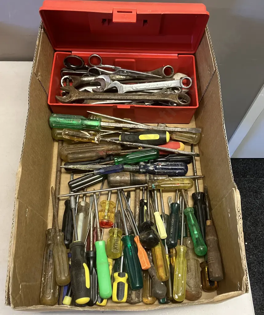 Box Lot Screwdrivers, Spanners Etc Image 1++