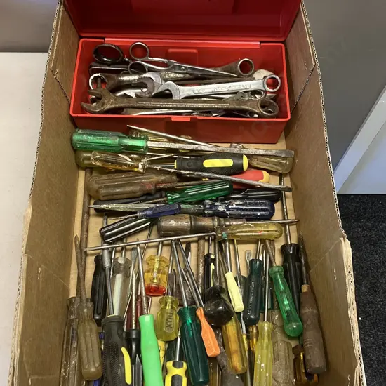 Box Lot Screwdrivers, Spanners Etc