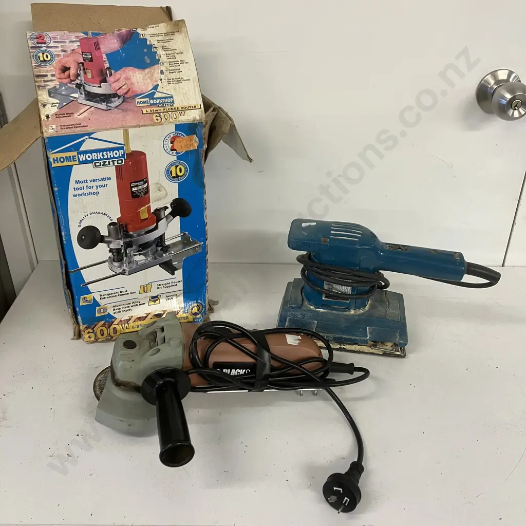 Ozito 600W 6.35mm Plunge Router, Black & Decker Angle Grinder & Orbital Sander Image 1++