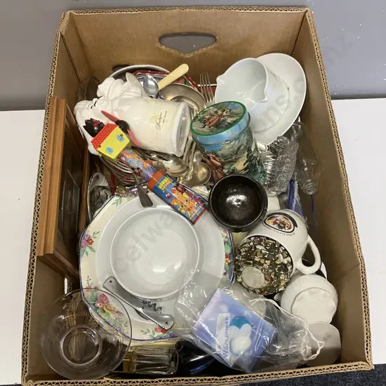 Box Lot China, Silverware, Glass Etc