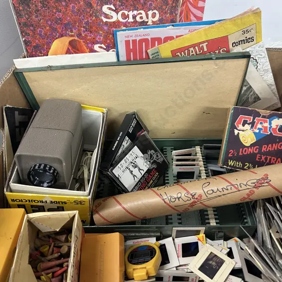 Vintage Items Including Maruya Slide Projector, Coloured Slides NZ Scenery Etc