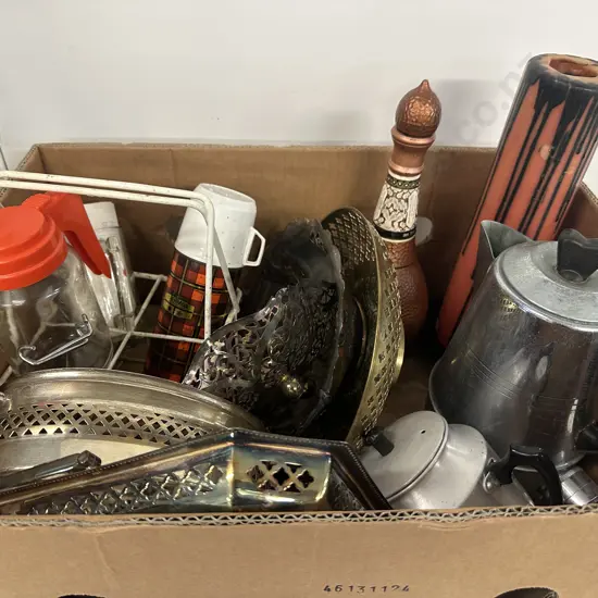 Box Of Assorted Vintage Items Including Electric Jug, Silverware Etc