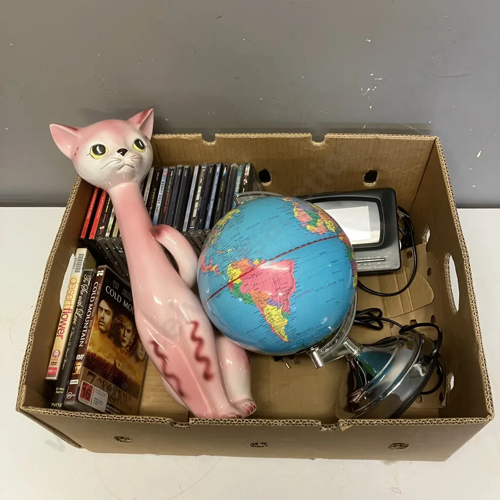 Box lot - CDs, DVDs, Illuminated World Globe, Kambrook Radio / Alarm, Pink Cat Figurine Image 1++