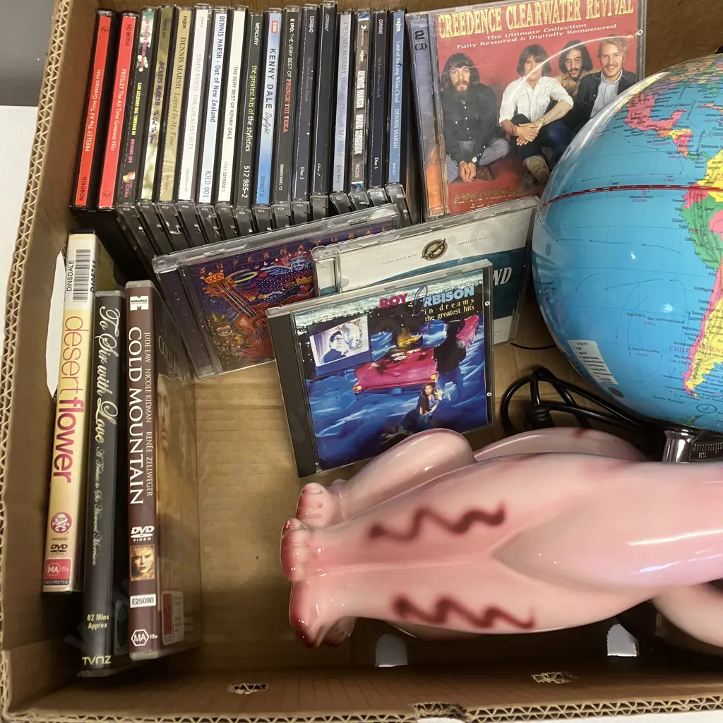 Box lot - CDs, DVDs, Illuminated World Globe, Kambrook Radio / Alarm, Pink Cat Figurine Image 1++