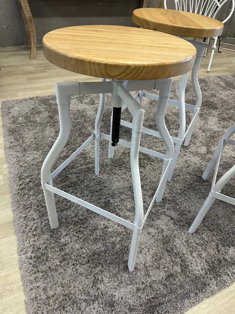 Set of Three Luca Lincoln Machinist Style White Adjustable Steel Barstools With Natural Round Wood Seats Image 1++