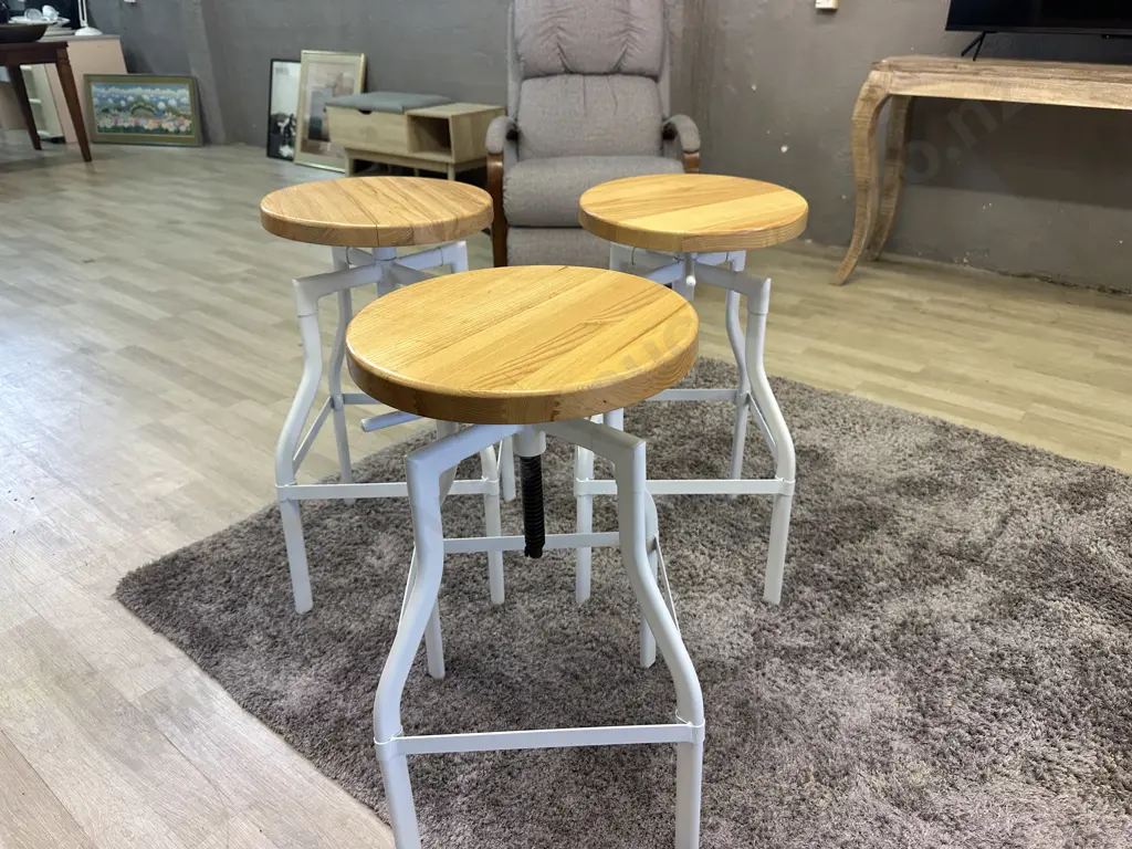 Set of Three Luca Lincoln Machinist Style White Adjustable Steel Barstools With Natural Round Wood Seats Image 1++