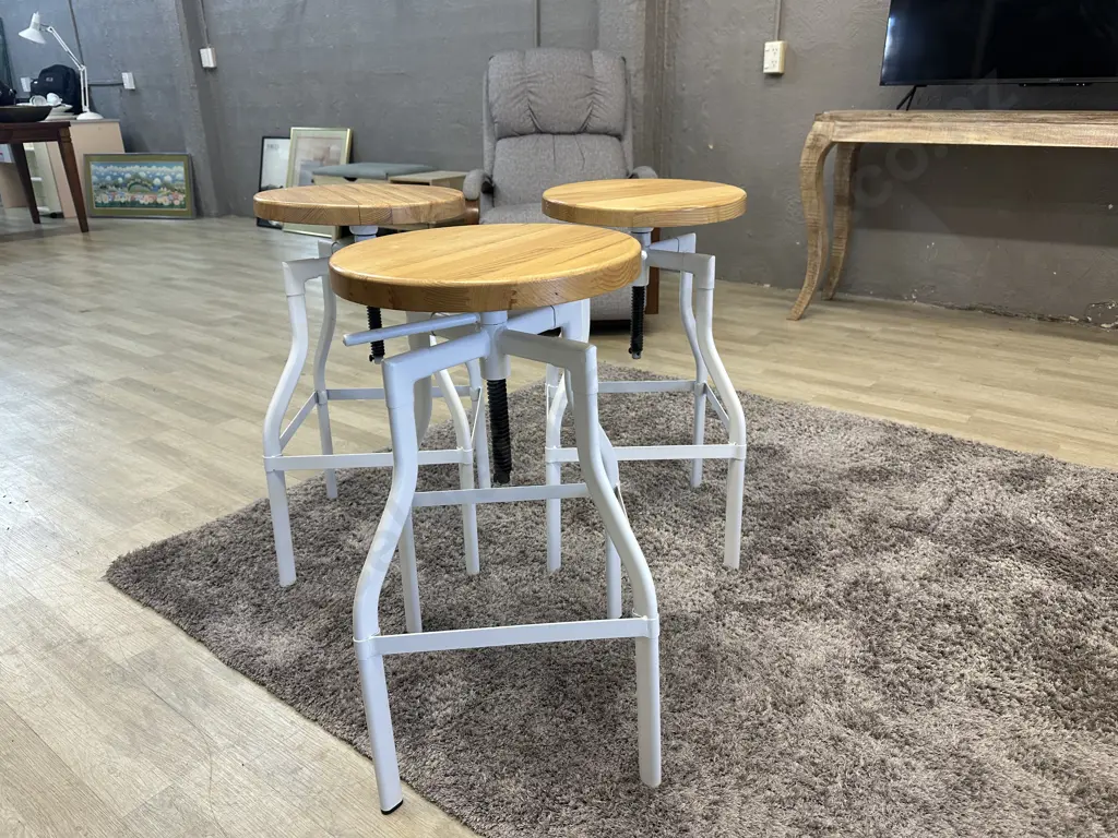 Set of Three Luca Lincoln Machinist Style White Adjustable Steel Barstools With Natural Round Wood Seats Image 1++