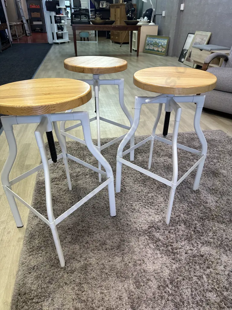 Set of Three Luca Lincoln Machinist Style White Adjustable Steel Barstools With Natural Round Wood Seats Image 1++