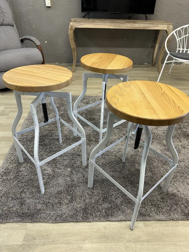 Set of Three Luca Lincoln Machinist Style White Adjustable Steel Barstools With Natural Round Wood Seats Image 1++