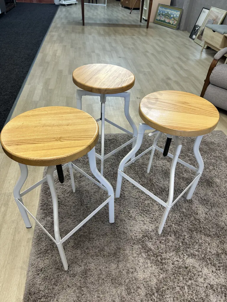 Set of Three Luca Lincoln Machinist Style White Adjustable Steel Barstools With Natural Round Wood Seats Image 1++