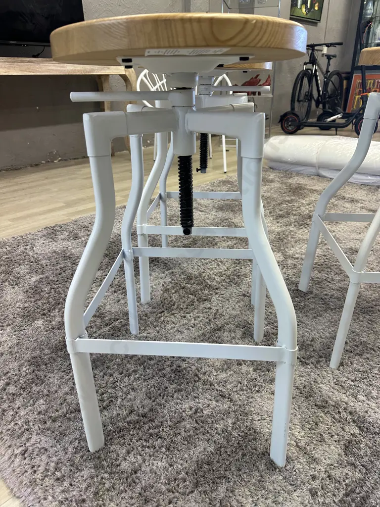 Set of Three Luca Lincoln Machinist Style White Adjustable Steel Barstools With Natural Round Wood Seats Image 1++
