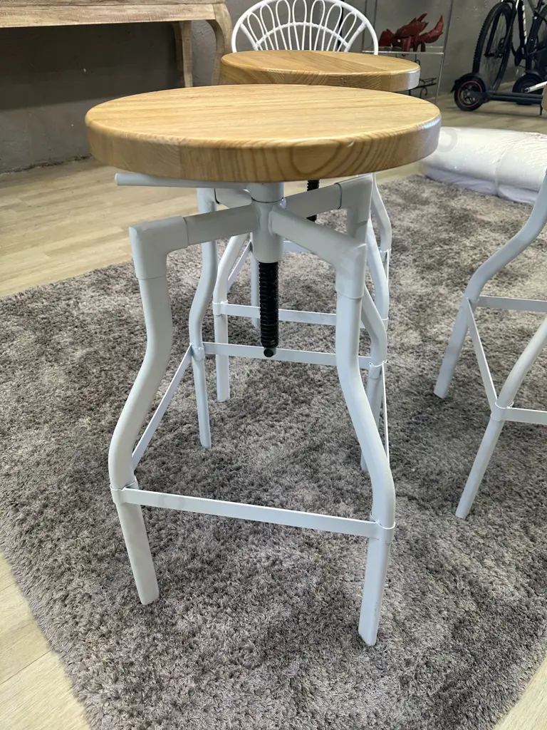 Set of Three Luca Lincoln Machinist Style White Adjustable Steel Barstools With Natural Round Wood Seats Image 1++