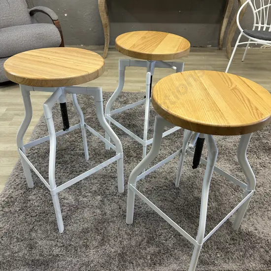 Set of Three Luca Lincoln Machinist Style White Adjustable Steel Barstools With Natural Round Wood Seats