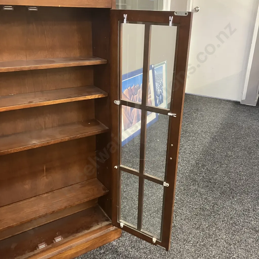 Mission Style Oak Curio Cabinet, 4 Adjustable Shelves, 2 Glass Doors, Wrought Handles. H115 W70 D20cm Image 1++