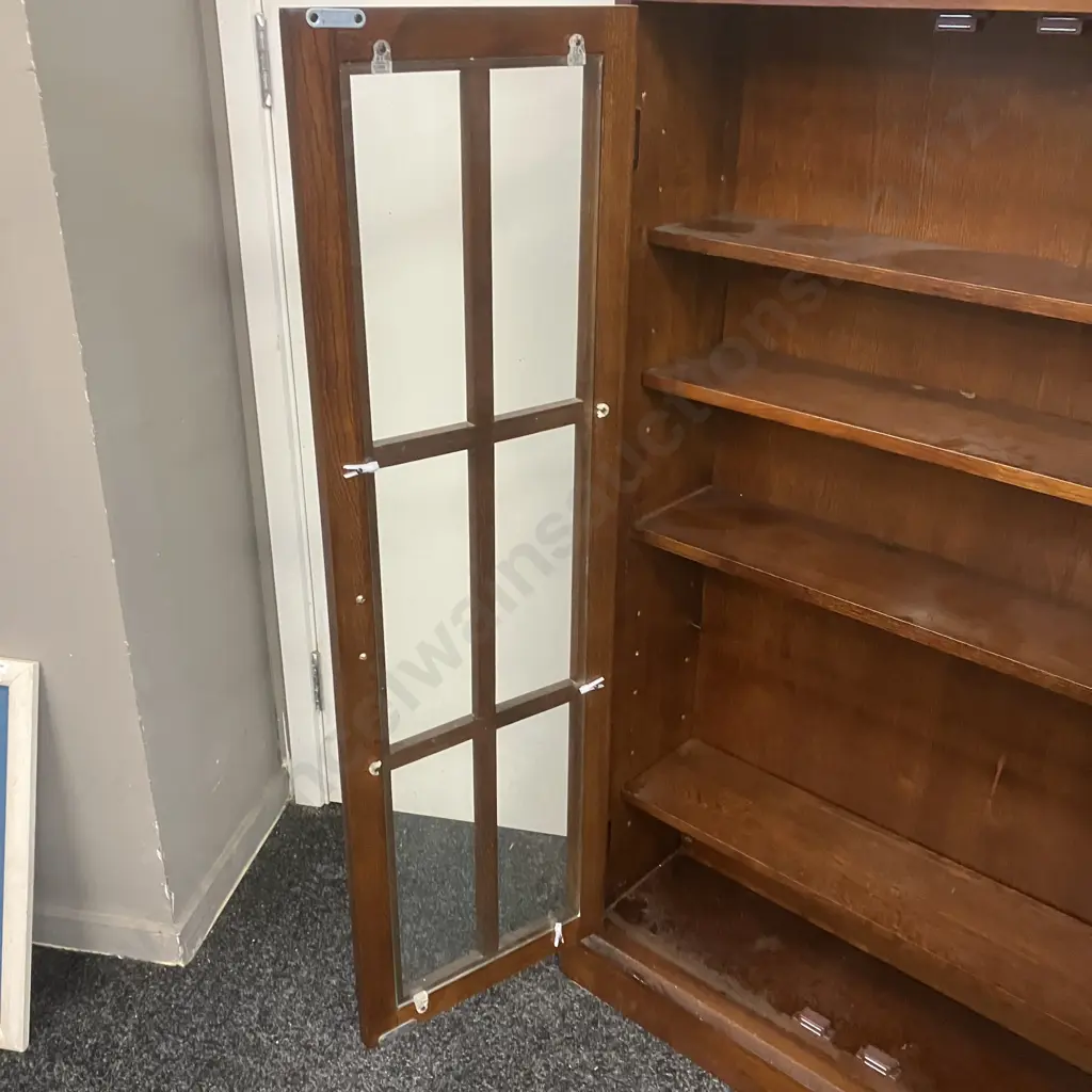 Mission Style Oak Curio Cabinet, 4 Adjustable Shelves, 2 Glass Doors, Wrought Handles. H115 W70 D20cm Image 1++