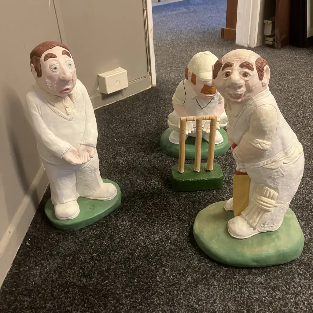 Vintage Solid Concrete Garden Cricketers - Set of 6 Including Umpire With Pair of Wood & Concrete Wickets Image 1++