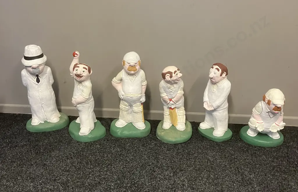 Vintage Solid Concrete Garden Cricketers - Set of 6 Including Umpire With Pair of Wood & Concrete Wickets Image 1++