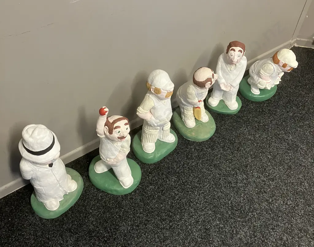 Vintage Solid Concrete Garden Cricketers - Set of 6 Including Umpire With Pair of Wood & Concrete Wickets Image 1++