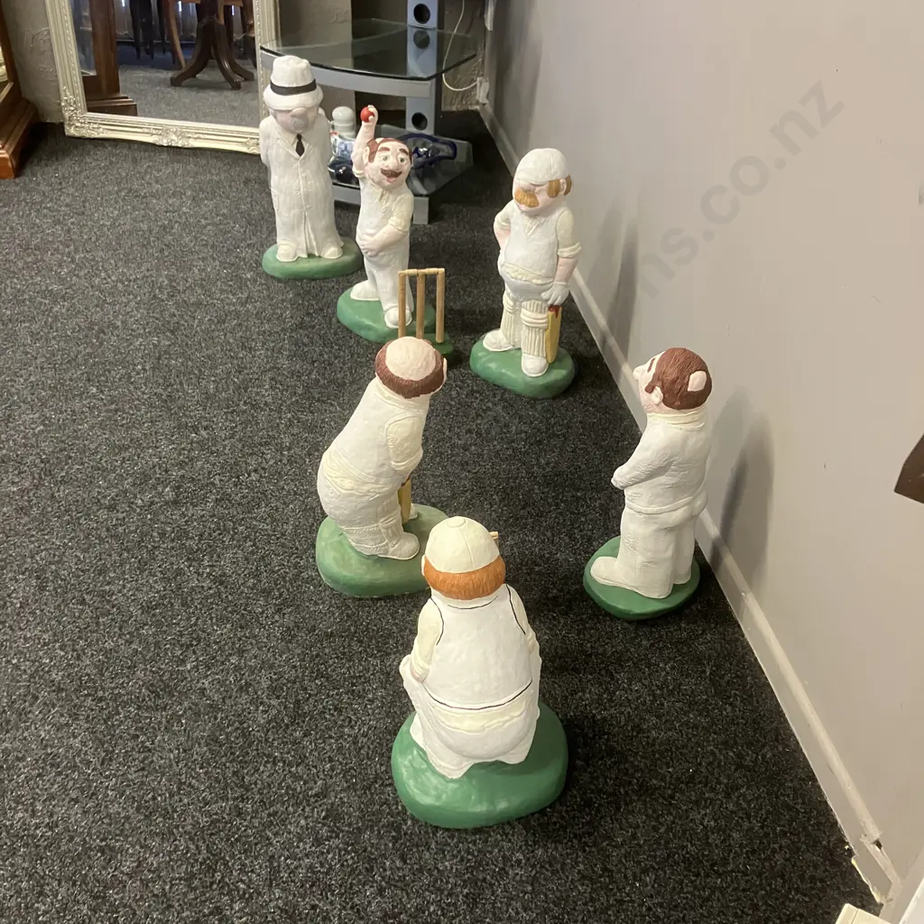 Vintage Solid Concrete Garden Cricketers - Set of 6 Including Umpire With Pair of Wood & Concrete Wickets Image 1++