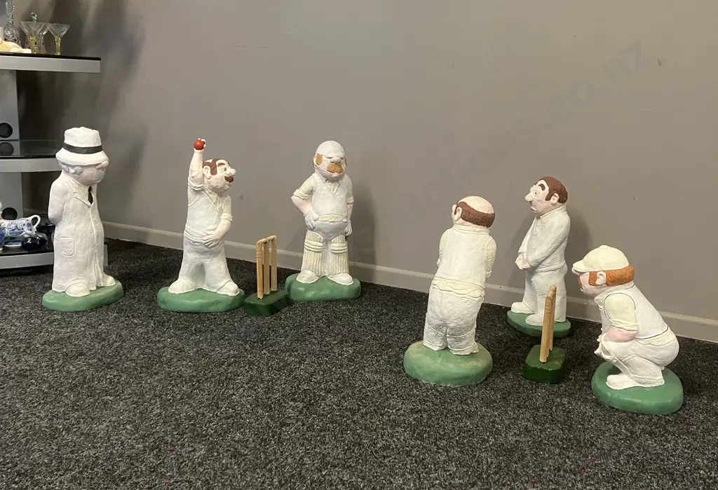 Vintage Solid Concrete Garden Cricketers - Set of 6 Including Umpire With Pair of Wood & Concrete Wickets Image 1++