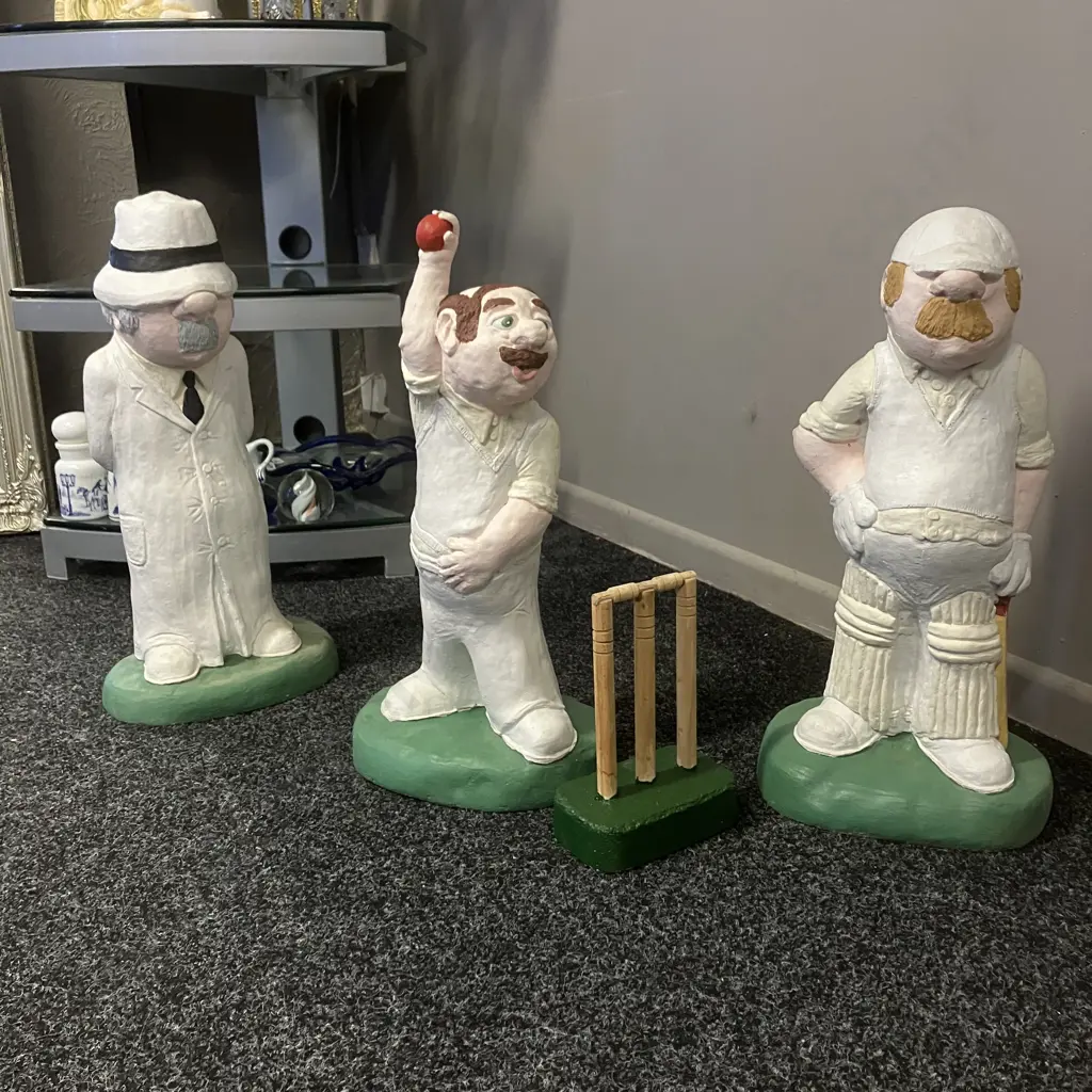 Vintage Solid Concrete Garden Cricketers - Set of 6 Including Umpire With Pair of Wood & Concrete Wickets Image 1++