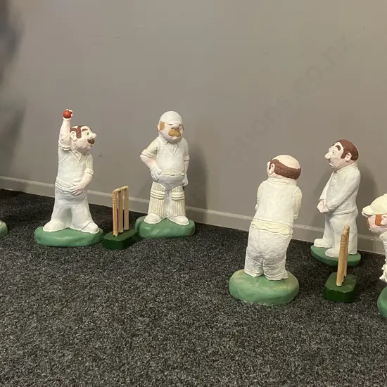 Vintage Solid Concrete Garden Cricketers - Set of 6 Including Umpire With Pair of Wood & Concrete Wickets